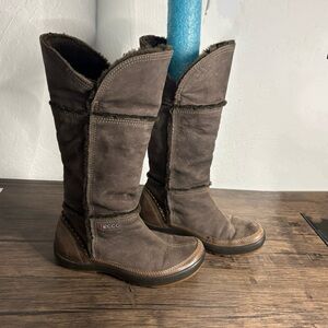 Ecco Brown Leather Pull On Knee High Moc Quilted Snow Boots EU 37 Women's US 6.5